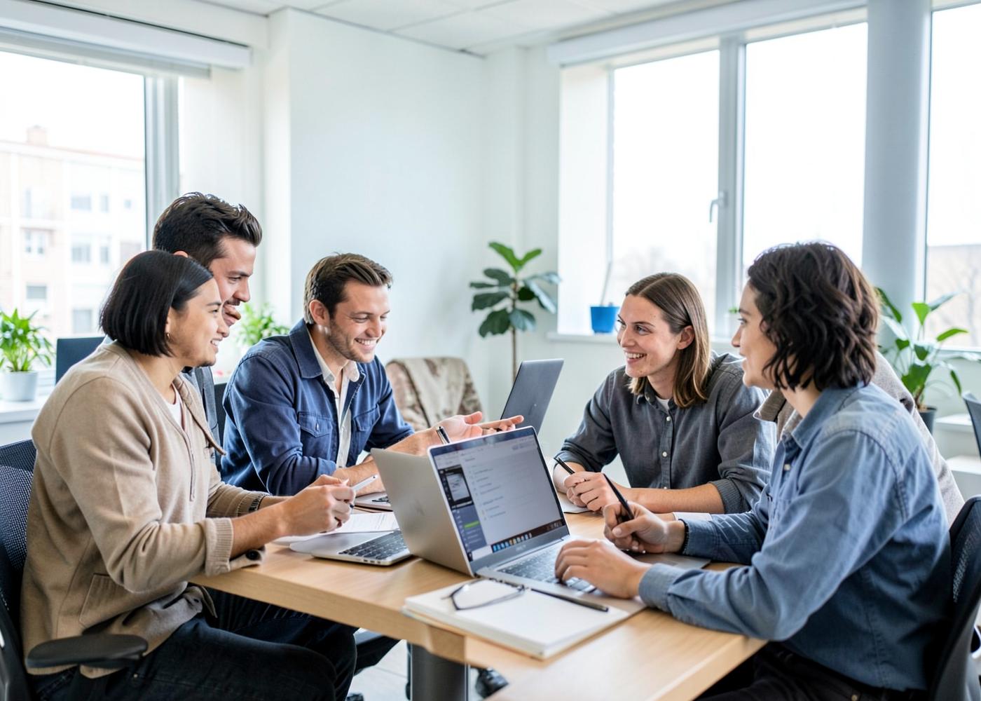 A small team collaborating around laptops during an online workshop